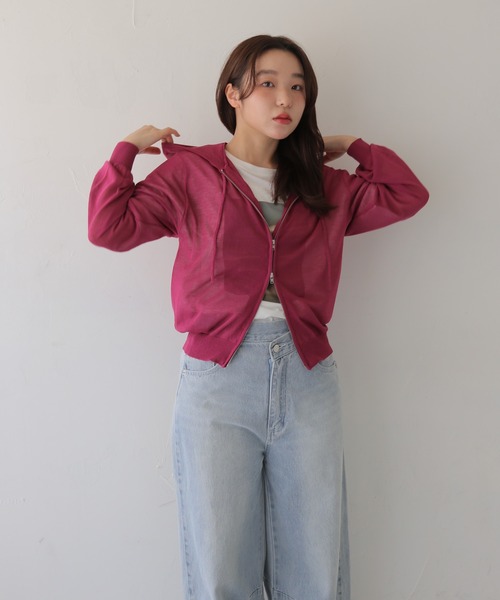 cheriella（シェリエラ）の「【cheriella】シアーフードダブルジップニットパーカー  SHEER DOUBLE ZIP KNIT HOODIE（カーディガン/ボレロ・レディース・ブラウン/ネイビー/パープル/アイボリー/レモンイエロー・FREE）」の16枚目の写真