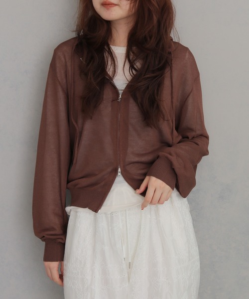 cheriella（シェリエラ）の「【cheriella】シアーフードダブルジップニットパーカー  SHEER DOUBLE ZIP KNIT HOODIE（カーディガン/ボレロ・レディース・ブラウン/ネイビー/パープル/アイボリー/レモンイエロー・FREE）」の8枚目の写真