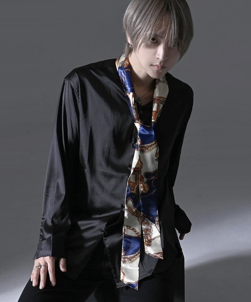 RUDOL(ルドル)の「『RUDOL/ルドル』ボウタイカラーシルクライクシャツ(シャツ/ブラウス・メンズ・ブラック×ブラック/ブラック/ホワイト×ネイビー・L/M)」の3枚目の写真