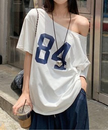 オフショルダー ナンバリング ロゴプリント 韓国 ストリート y2k古着風 半袖 ボリュームTシャツ トップス