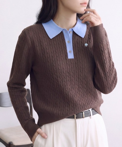 POLO BCS（ポロ ビーシーエス）の「【POLO BCS】バイカラーミニケーブルニットポロ（ポロシャツ・レディース・ブラック/グレー/ブラウン・L/M）」の3枚目の写真
