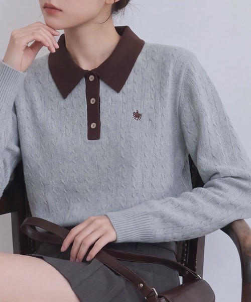 POLO BCS（ポロ ビーシーエス）の「【POLO BCS】バイカラーミニケーブルニットポロ（ポロシャツ・レディース・ブラック/グレー/ブラウン・L/M）」の2枚目の写真