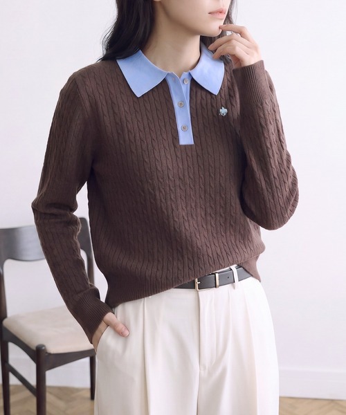 POLO BCS（ポロ ビーシーエス）の「【POLO BCS】バイカラーミニケーブルニットポロ（ポロシャツ・レディース・ブラック/グレー/ブラウン・L/M）」の16枚目の写真
