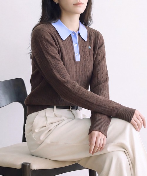 POLO BCS（ポロ ビーシーエス）の「【POLO BCS】バイカラーミニケーブルニットポロ（ポロシャツ・レディース・ブラック/グレー/ブラウン・L/M）」の15枚目の写真