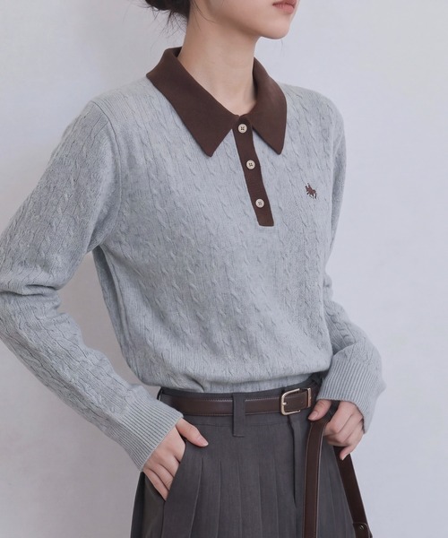 POLO BCS（ポロ ビーシーエス）の「【POLO BCS】バイカラーミニケーブルニットポロ（ポロシャツ・レディース・ブラック/グレー/ブラウン・L/M）」の5枚目の写真