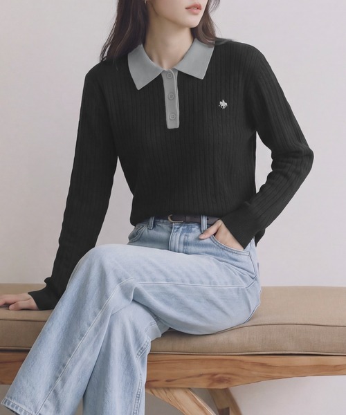 POLO BCS（ポロ ビーシーエス）の「【POLO BCS】バイカラーミニケーブルニットポロ（ポロシャツ・レディース・ブラック/グレー/ブラウン・L/M）」の11枚目の写真