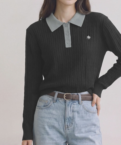 POLO BCS（ポロ ビーシーエス）の「【POLO BCS】バイカラーミニケーブルニットポロ（ポロシャツ・レディース・ブラック/グレー/ブラウン・L/M）」の9枚目の写真