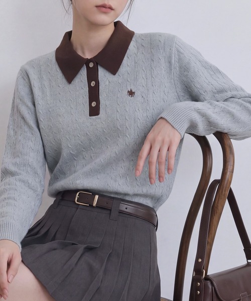 POLO BCS（ポロ ビーシーエス）の「【POLO BCS】バイカラーミニケーブルニットポロ（ポロシャツ・レディース・ブラック/グレー/ブラウン・L/M）」の7枚目の写真