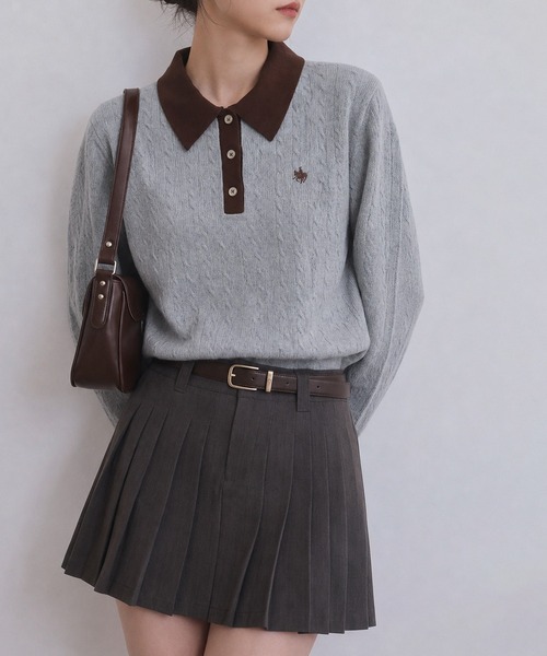 POLO BCS（ポロ ビーシーエス）の「【POLO BCS】バイカラーミニケーブルニットポロ（ポロシャツ・レディース・ブラック/グレー/ブラウン・L/M）」の6枚目の写真