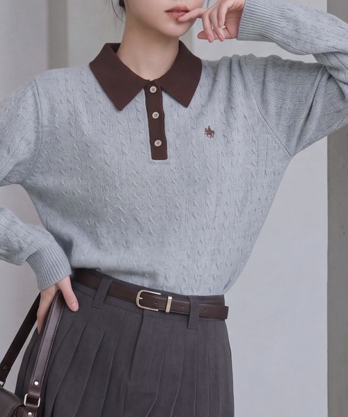 POLO BCS（ポロ ビーシーエス）の「【POLO BCS】バイカラーミニケーブルニットポロ（ポロシャツ・レディース・ブラック/グレー/ブラウン・L/M）」の4枚目の写真