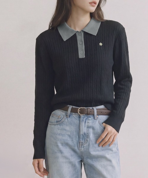POLO BCS（ポロ ビーシーエス）の「【POLO BCS】バイカラーミニケーブルニットポロ（ポロシャツ・レディース・ブラック/グレー/ブラウン・L/M）」の10枚目の写真