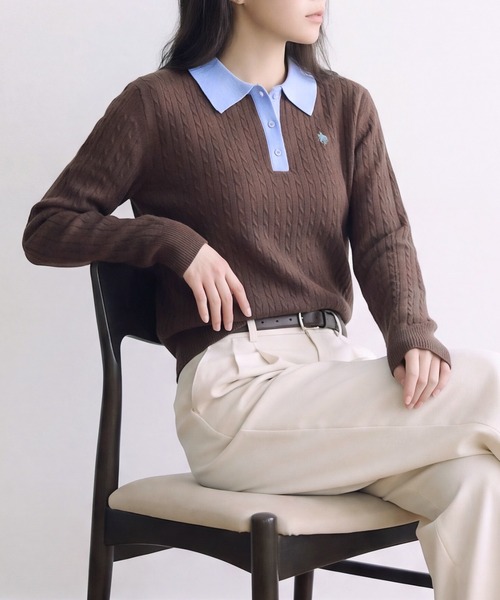 POLO BCS（ポロ ビーシーエス）の「【POLO BCS】バイカラーミニケーブルニットポロ（ポロシャツ・レディース・ブラック/グレー/ブラウン・L/M）」の14枚目の写真