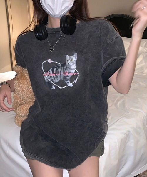 Kuroba(クロバ)の「ヴィンテージライクキャットTシャツ(Tシャツ/カットソー・レディース・チャコールグレー・L/M)」の3枚目の写真