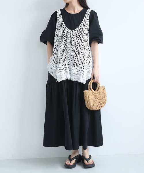 MAISON DE THERESE(メゾン ド テレーズ)の「夏新作 レース透かし編み フリンジベスト/ノースリーブ キャミソール(ベスト・レディース・Beige/White・M)」の1枚目の写真