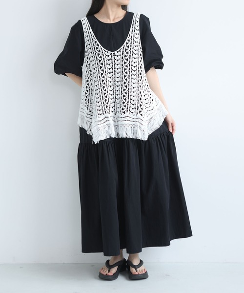 MAISON DE THERESE(メゾン ド テレーズ)の「夏新作 レース透かし編み フリンジベスト/ノースリーブ キャミソール(ベスト・レディース・Beige/White・M)」の3枚目の写真