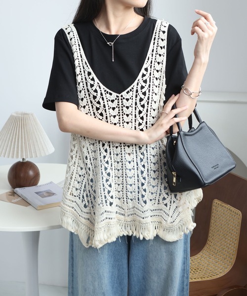 MAISON DE THERESE(メゾン ド テレーズ)の「夏新作 レース透かし編み フリンジベスト/ノースリーブ キャミソール(ベスト・レディース・Beige/White・M)」の8枚目の写真