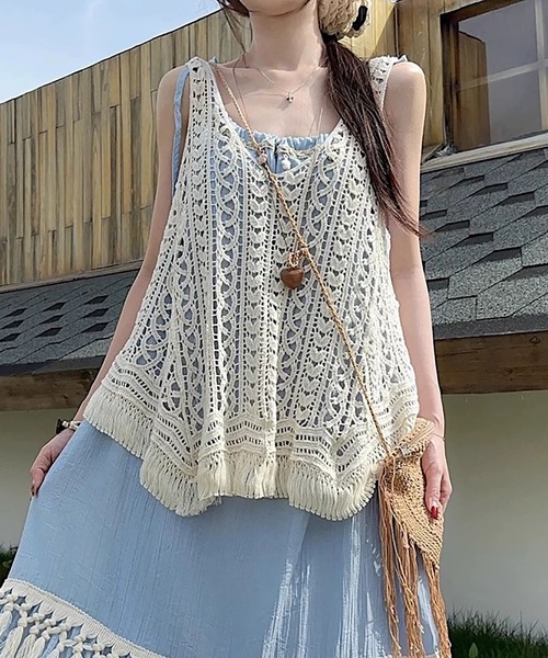 MAISON DE THERESE(メゾン ド テレーズ)の「夏新作 レース透かし編み フリンジベスト/ノースリーブ キャミソール(ベスト・レディース・Beige/White・M)」の13枚目の写真