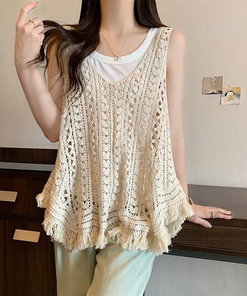 MAISON DE THERESE(メゾン ド テレーズ)の「夏新作 レース透かし編み フリンジベスト/ノースリーブ キャミソール(ベスト・レディース・Beige/White・M)」の14枚目の写真