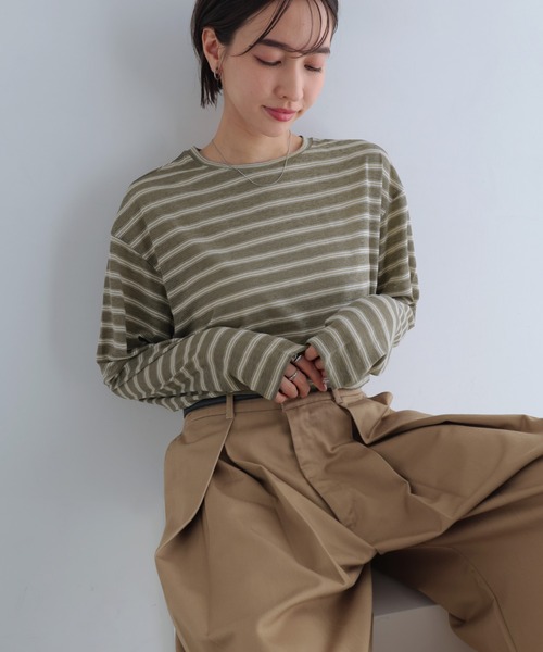 andme(アンドミー)の「シアーボーダー長袖トップス(Tシャツ/カットソー・レディース・ネイビー/カーキ/ボルドー・FREE)」の14枚目の写真