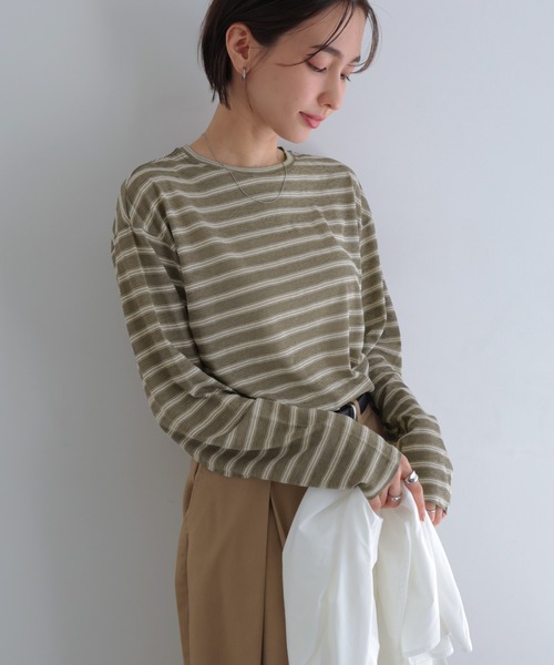 andme(アンドミー)の「シアーボーダー長袖トップス(Tシャツ/カットソー・レディース・ネイビー/カーキ/ボルドー・FREE)」の13枚目の写真