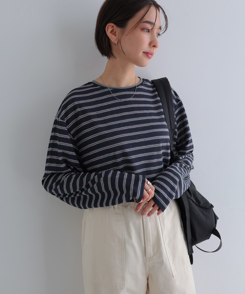 andme(アンドミー)の「シアーボーダー長袖トップス(Tシャツ/カットソー・レディース・ネイビー/カーキ/ボルドー・FREE)」の6枚目の写真