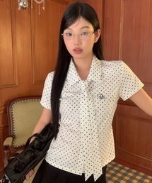 ドット柄　ネクタイリボン付き半袖シャツ