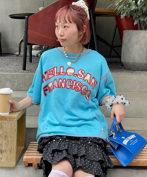 HELLO.SANFRANCISCO(ハローサンフランシスコ)の「【HELLO.SANFRANCISCO/ハローサンフランシスコ】2WAYハロサンカットアウト半袖TEE(Tシャツ/カットソー・レディース・ピンク/ライトグレー/ブルー・ONE SIZE)」の2枚目の写真