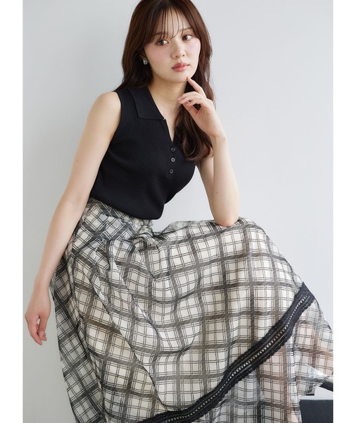 tocco closet(トッコ クローゼット)の「バックレースアップ裾ラインレース切り替えシアーフロッキーチェックフレアスカート(スカート・レディース・ダークグリーン/ライトベージュ・M)」の8枚目の写真