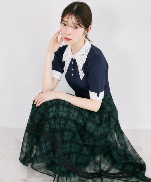 tocco closet(トッコ クローゼット)の「バックレースアップ裾ラインレース切り替えシアーフロッキーチェックフレアスカート(スカート・レディース・ダークグリーン/ライトベージュ・M)」の17枚目の写真