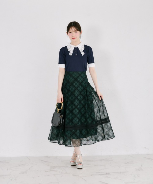tocco closet(トッコ クローゼット)の「バックレースアップ裾ラインレース切り替えシアーフロッキーチェックフレアスカート(スカート・レディース・ダークグリーン/ライトベージュ・M)」の10枚目の写真
