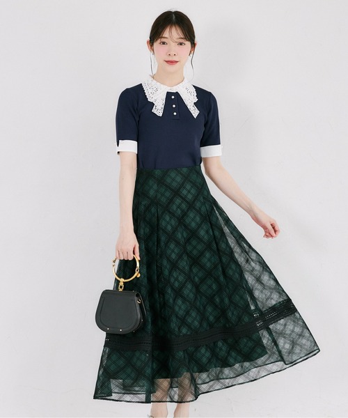 tocco closet(トッコ クローゼット)の「バックレースアップ裾ラインレース切り替えシアーフロッキーチェックフレアスカート(スカート・レディース・ダークグリーン/ライトベージュ・M)」の15枚目の写真