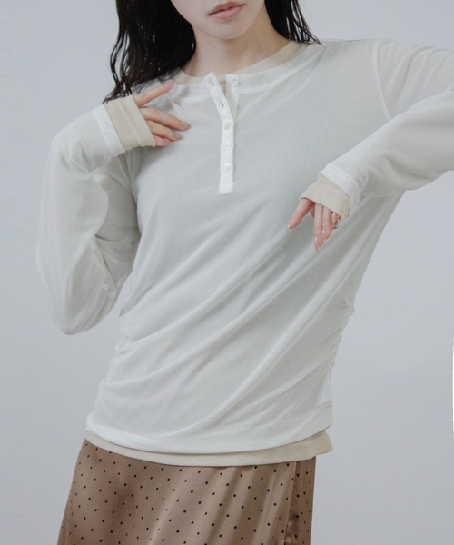 Social GIRL(ソーシャルガール)の「【セット商品】 シアー レイヤード ヘンリーネック Tシャツ 長袖 ロンT(Tシャツ/カットソー・レディース・ブラック/ブラウン/ネイビー/アイボリー・M)」の1枚目の写真