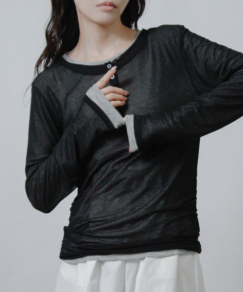 Social GIRL(ソーシャルガール)の「【セット商品】 シアー レイヤード ヘンリーネック Tシャツ 長袖 ロンT(Tシャツ/カットソー・レディース・ブラック/ブラウン/ネイビー/アイボリー・M)」の2枚目の写真