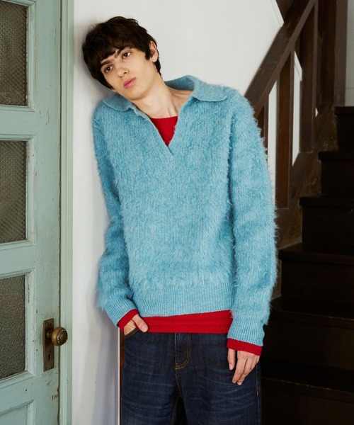 CAMPHOR WOOD(カンファーウッド)の「MOHAIR TOUCH SUPER SHAGGY SKIPPER KNIT SHIRT / モヘアタッチスーパーシャギースキッパーニットシャツ(ニット/セーター・メンズ・スモークピンク/ライトブルー/ブラック・MEDIUM/LARGE)」の4枚目の写真