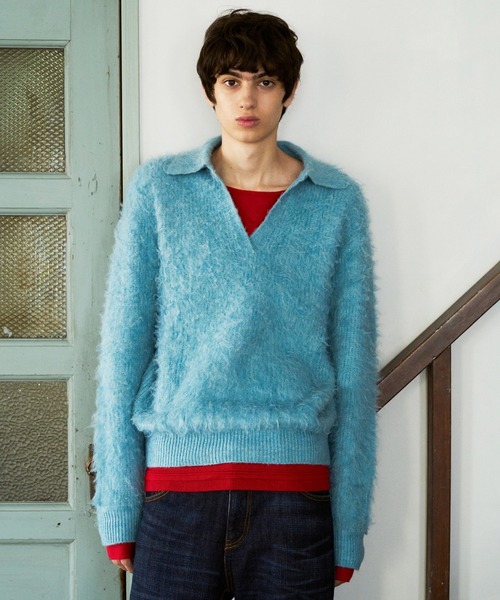 CAMPHOR WOOD(カンファーウッド)の「MOHAIR TOUCH SUPER SHAGGY SKIPPER KNIT SHIRT / モヘアタッチスーパーシャギースキッパーニットシャツ(ニット/セーター・メンズ・スモークピンク/ライトブルー/ブラック・MEDIUM/LARGE)」の7枚目の写真