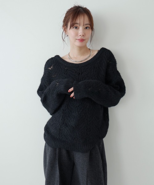 AMUU. PRECIEUSE(アムープレシューズ)の「リボンネックレースシアーニット(ニット/セーター・レディース・ブラック/グレー/アイボリー/ピンク・FREE)」の3枚目の写真