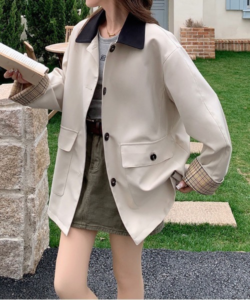 ＆soiree（アンドソワレ）の「配色ビックシルエットチェックカフスジャケット（その他アウター・レディース・ベージュ/アイボリー・MEDIUM/LARGE/SMALL）」の2枚目の写真