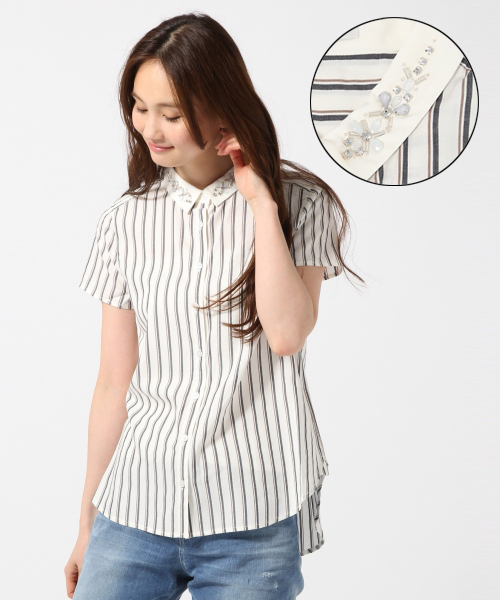 GLOBAL WORK(グローバルワーク)の「ビジューエリシャツ半袖/709296(シャツ/ブラウス・レディース・ホワイト/ブルー/ネイビー/ストライプ/チェック・MEDIUM/LARGE)」の4枚目の写真