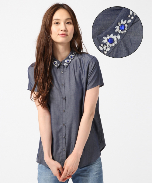 GLOBAL WORK(グローバルワーク)の「ビジューエリシャツ半袖/709296(シャツ/ブラウス・レディース・ホワイト/ブルー/ネイビー/ストライプ/チェック・MEDIUM/LARGE)」の3枚目の写真