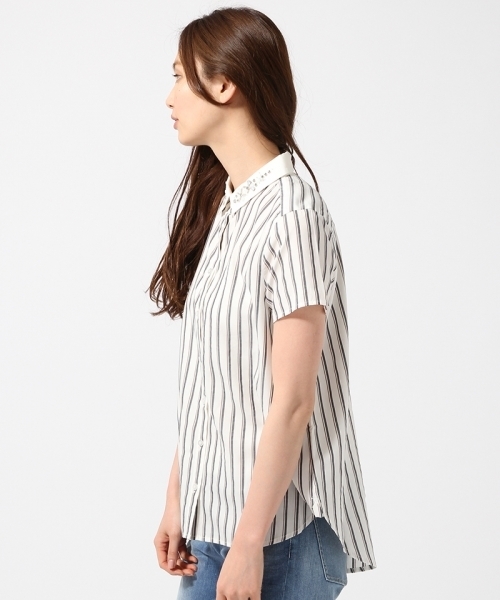 GLOBAL WORK(グローバルワーク)の「ビジューエリシャツ半袖/709296(シャツ/ブラウス・レディース・ホワイト/ブルー/ネイビー/ストライプ/チェック・MEDIUM/LARGE)」の6枚目の写真