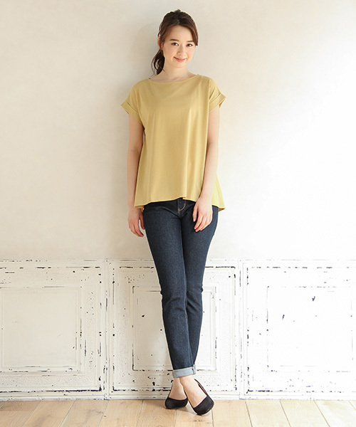 Honeys（ハニーズ）の「オーガニックコットン フレンチ袖ＡラインＴシャツ（Tシャツ/カットソー・レディース・ネイビー/オフホワイト/ブラック/グリーン/オレンジ/杢グレー/イエロー・S/M/LL/L）」の16枚目の写真