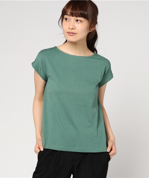 Honeys（ハニーズ）の「オーガニックコットン フレンチ袖ＡラインＴシャツ（Tシャツ/カットソー・レディース・ネイビー/オフホワイト/ブラック/グリーン/オレンジ/杢グレー/イエロー・S/M/LL/L）」の5枚目の写真