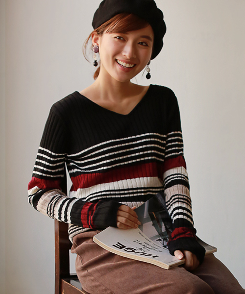 REAL CUBE（リアルキューブ）の「REAL CUBE ウォッシャブルWOOLマルチボーダーリブニット（ニット/セーター・レディース・グレー/ブラック・36/38）」の9枚目の写真