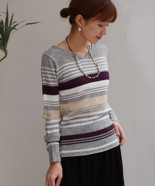 REAL CUBE（リアルキューブ）の「REAL CUBE ウォッシャブルWOOLマルチボーダーリブニット（ニット/セーター・レディース・グレー/ブラック・36/38）」の14枚目の写真