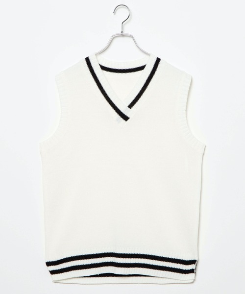 DING（ディング）の「DING/ラインニットベスト（ベスト・レディース・ピンク/イエロー/ホワイト/ブラック・FREE）」の2枚目の写真