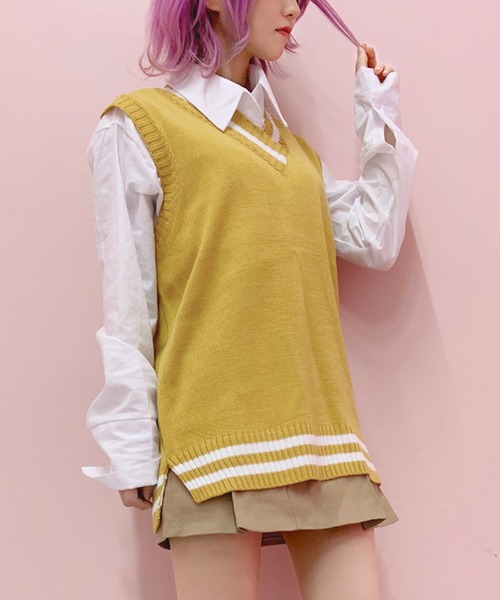 DING（ディング）の「DING/ラインニットベスト（ベスト・レディース・ピンク/イエロー/ホワイト/ブラック・FREE）」の3枚目の写真