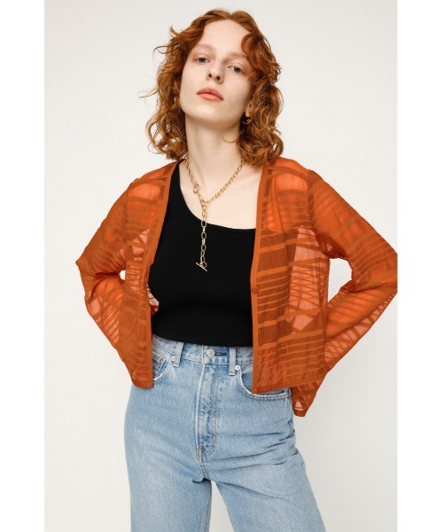 SLY（スライ）の「SHEER GATHER V/N CD/シアーギャザーVネックカーディガン（カーディガン/ボレロ・レディース・ブラック/オレンジ・FREE）」の2枚目の写真