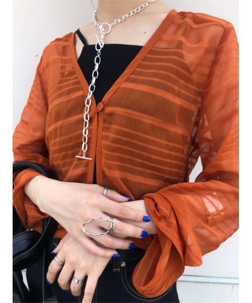 SLY（スライ）の「SHEER GATHER V/N CD/シアーギャザーVネックカーディガン（カーディガン/ボレロ・レディース・ブラック/オレンジ・FREE）」の19枚目の写真