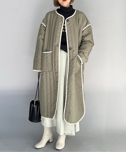 PICCIN（ピッチン）の「ストライプキルトロングコート（その他アウター・レディース・ブラック/オリーブ/アイボリー・M/L）」の5枚目の写真