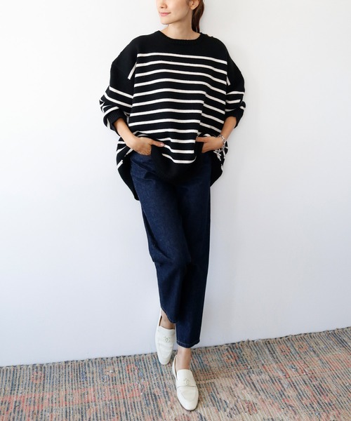 ELFRANK(エルフランク)の「肩金ボタン長袖オーバーサイズボーダーニットプルオーバー(ニット/セーター・レディース・カーキ/オフホワイト/ブラック・FREE)」の13枚目の写真